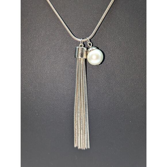 Silver Tone Snake Chain Faux Pearl Charm Tassel 34" Long Necklace - Picture 2 of 5